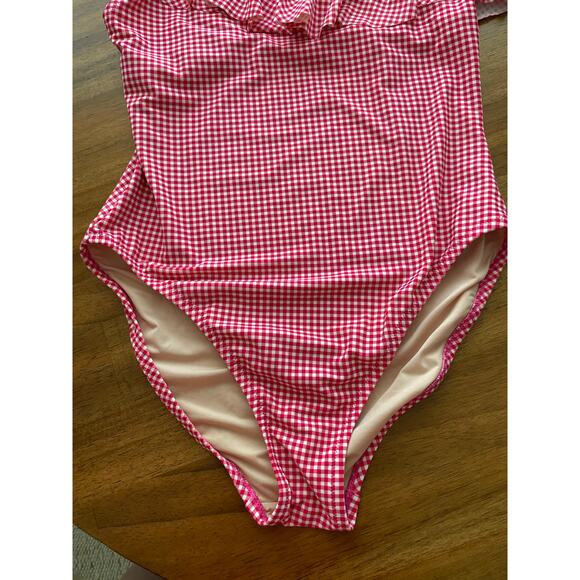 J Crew Ruffle One Shoulder Red White Gingham Full Coverage One Piece EUC Large - Picture 4 of 10
